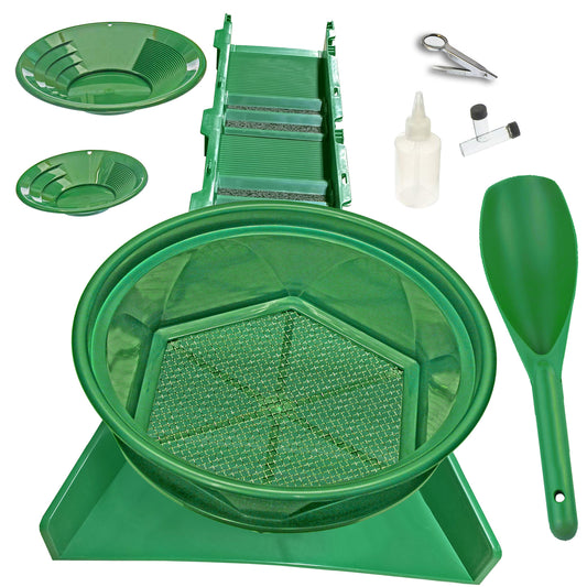 Gold Panning Kit for Serious Prospectors: Includes 31" Sluice Box, Pans, Scoop, Sniffer Bottle, and Gold Vials—Perfect for Gold Rush Adventures Green Kit with Speed Flare