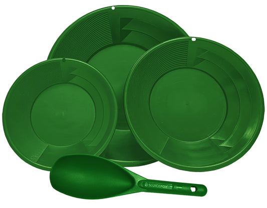 Prospectors Gold Panning Starter Kit for Kids or Adults with 3 Different Size Gold Pans with Dual Riffles, Pay Dirt Sand Scoop; Basic Gold Prospecting Kit