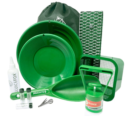 Compact Gold Prospecting Kit with 12" Pocket Sluice Box – Includes Miner’s Moss, Gold Trap Mat, Classifier Pan, Vials, and Tote Backpack