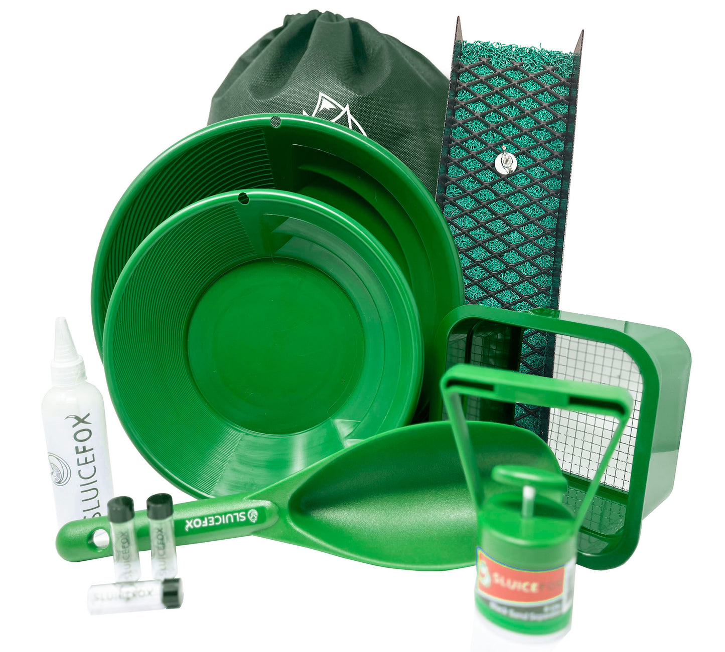 Compact Gold Prospecting Kit with 12" Pocket Sluice Box – Includes Miner’s Moss, Gold Trap Mat, Classifier Pan, Vials, and Tote Backpack