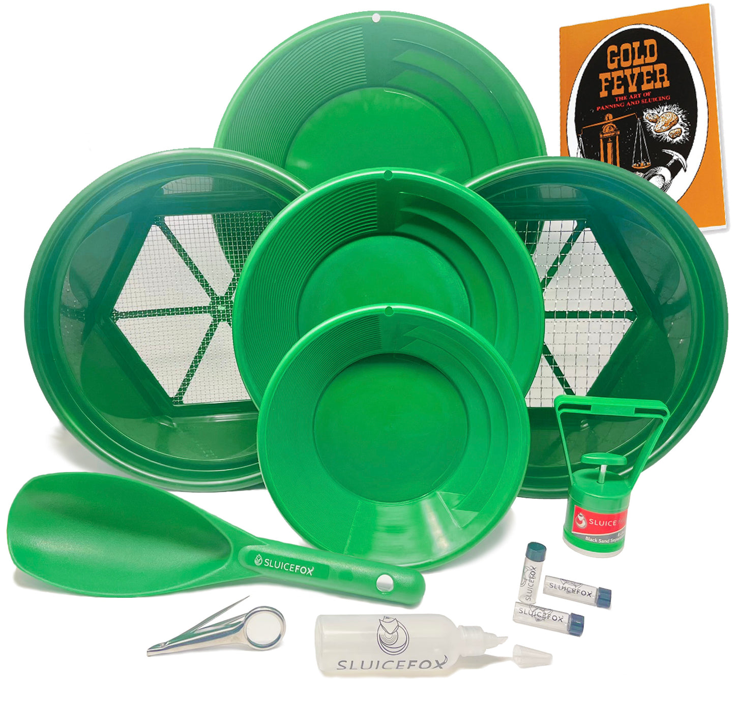 Gold panning kit for gold prospecting; 11 pc set + Bonus includes 3 gold pans; 2 gold classifiers; paydirt scoop small plastic gold shovel; snuffer bottle; black sand gold magnet and Gold Fever book!