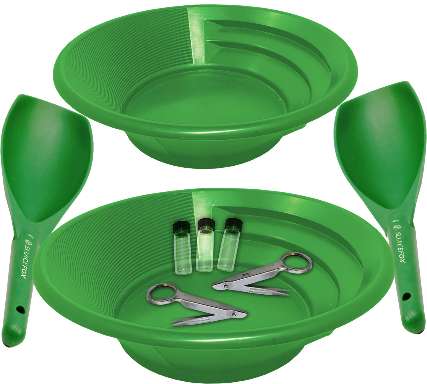 Gold panning kit for two; Two green gold pans with gold trap and dual riffles, two plastic gold paydirt shovels, two stainless steel magnifying tweezers, and three glass gold storage vials