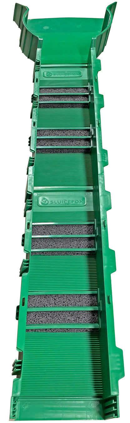 Portable sluice box for gold mining and prospecting; Includes miner's moss, Hungarian style riffles, and deep V riffles.  Essential tool for gold panning kits