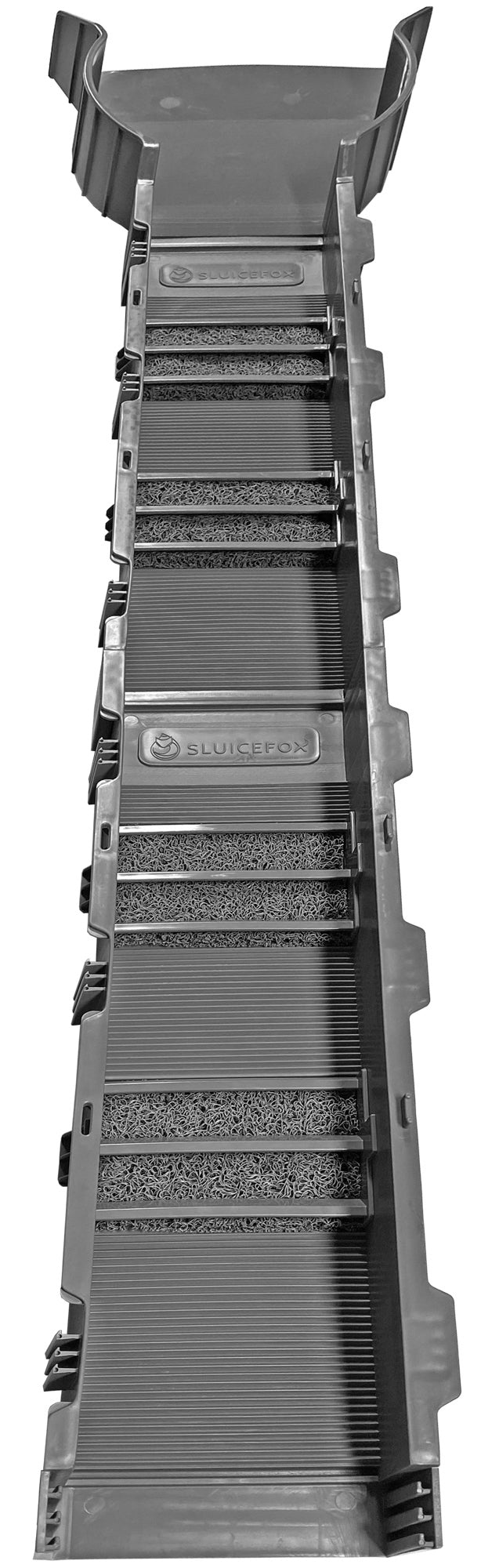 Portable sluice box for gold mining and prospecting; Includes miner's moss, Hungarian style riffles, and deep V riffles.  Essential tool for gold panning kits