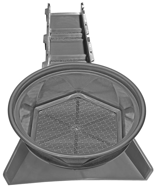 Sluice Fox 36 inch portable sluice box for gold prospecting; Gold classifier mount at sluice box header.  Backpack sluice box with pay dirt bucket sifter
