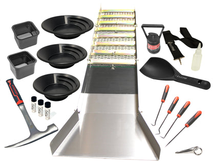 Complete Gold Mining Kit; Folding 50 inch Gold Sluice Box; Gold Prospecting Equipment; Huntley Spoon; Gold Classifiers; Pay Dirt Scoop; Crevice Tools and more