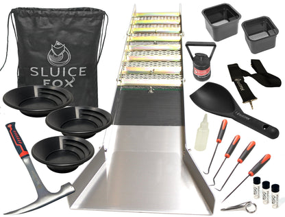 Complete Gold Mining Kit; Folding 50 inch Gold Sluice Box; Gold Prospecting Equipment; Rock Pick Hammer; Gold Classifiers; Pay Dirt Scoop; Crevice Tools and more