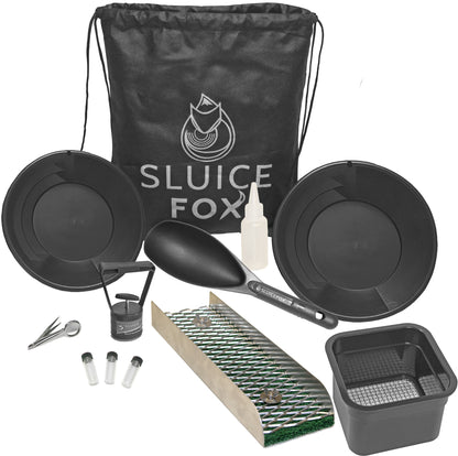 Sluice Fox backpack gold panning kit with mini portable sluice box; black sand magnet gold separator, mini gold classifier, gold pay dirt scoop and free tote backpack