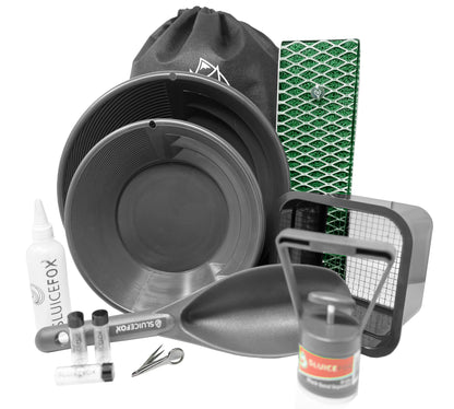Compact Gold Prospecting Kit with 12" Pocket Sluice Box – Includes Miner’s Moss, Gold Trap Mat, Classifier Pan, Vials, and Tote Backpack