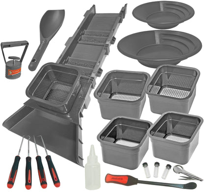 Sluice Box Compact Gold Panning Kit; portable sluice box and 5 classifier sifting pans; huntley spoon; paydirt scoop; classify while you sluice with this patented prospecting tool set
