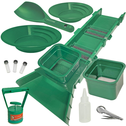 31 inch Sluice Box Compact Gold Panning Kit; portable sluice box and 2 classifier sifting pans; classify while you sluice with this patented prospecting tool set (green color)