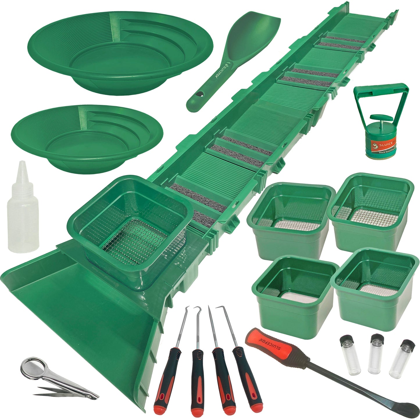 Sluice Box Compact Gold Panning Kit; portable sluice box and 5 classifier sifting pans; huntley spoon; paydirt scoop; classify while you sluice with this patented prospecting tool set