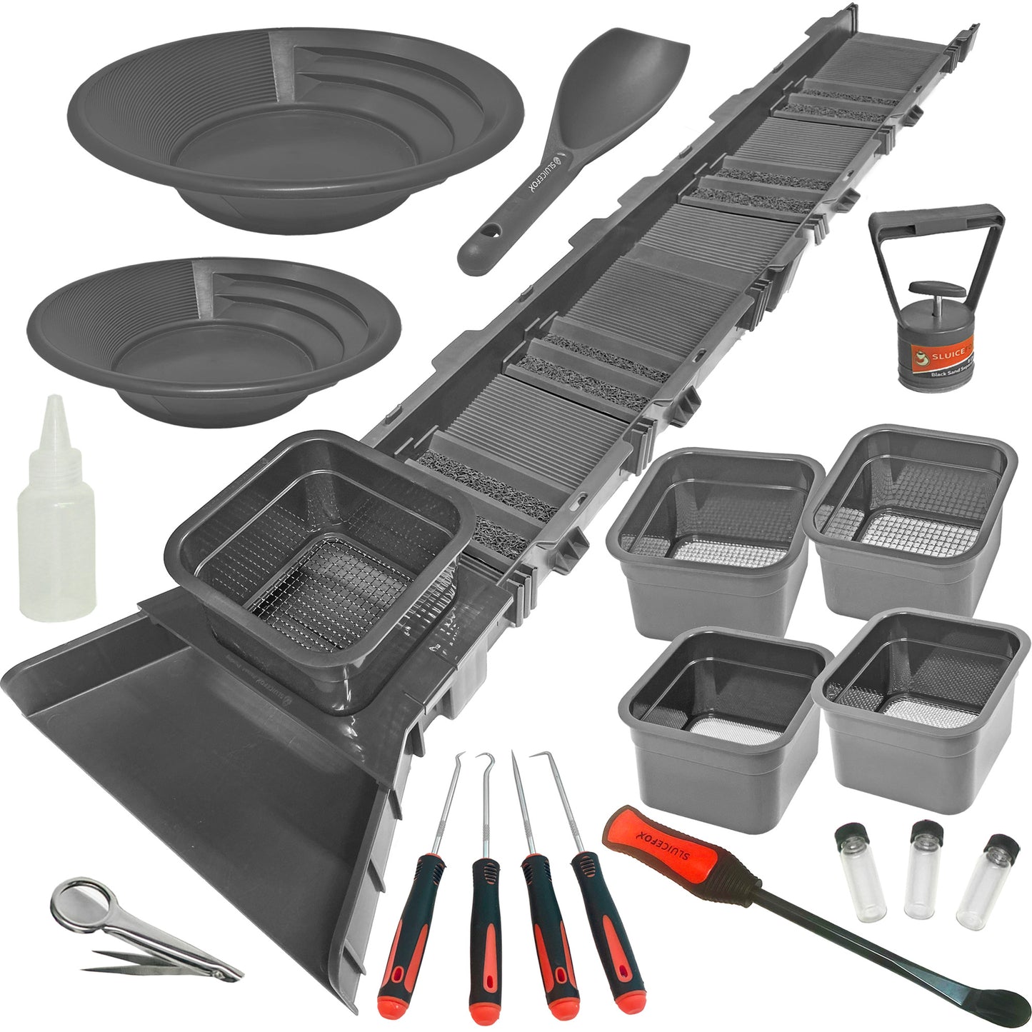 Sluice Box Compact Gold Panning Kit; portable sluice box and 5 classifier sifting pans; huntley spoon; paydirt scoop; classify while you sluice with this patented prospecting tool set