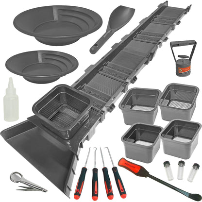 Sluice Box Compact Gold Panning Kit; portable sluice box and 5 classifier sifting pans; huntley spoon; paydirt scoop; classify while you sluice with this patented prospecting tool set