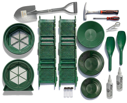 Gold Panning Kit for Serious Prospectors: Includes 31" Sluice Box, Pans, Scoop, Sniffer Bottle, and Gold Vials—Perfect for Gold Rush Adventures Green Kit with Speed Flare