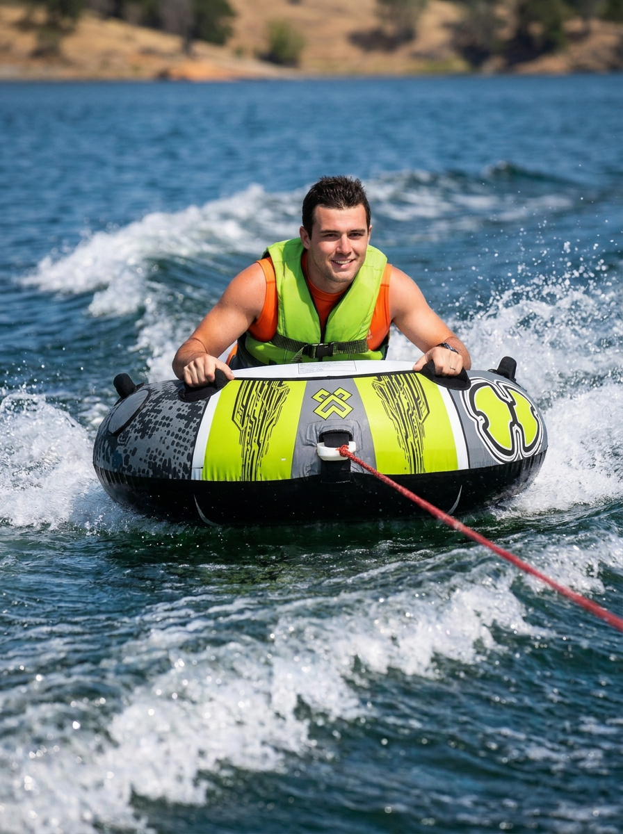 Hardcore Watersports Towable Chaos Tube – 54" Inflatable Water Tube for Single Riders, Heavy-Duty Nylon Cover with 4 Secure Handles and Quick-Connect Tow Hook for Lakes and Oceans