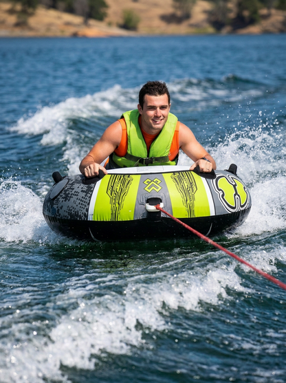 Hardcore Watersports Towable Chaos Tube – 54" Inflatable Water Tube for Single Riders, Heavy-Duty Nylon Cover with 4 Secure Handles and Quick-Connect Tow Hook for Lakes and Oceans