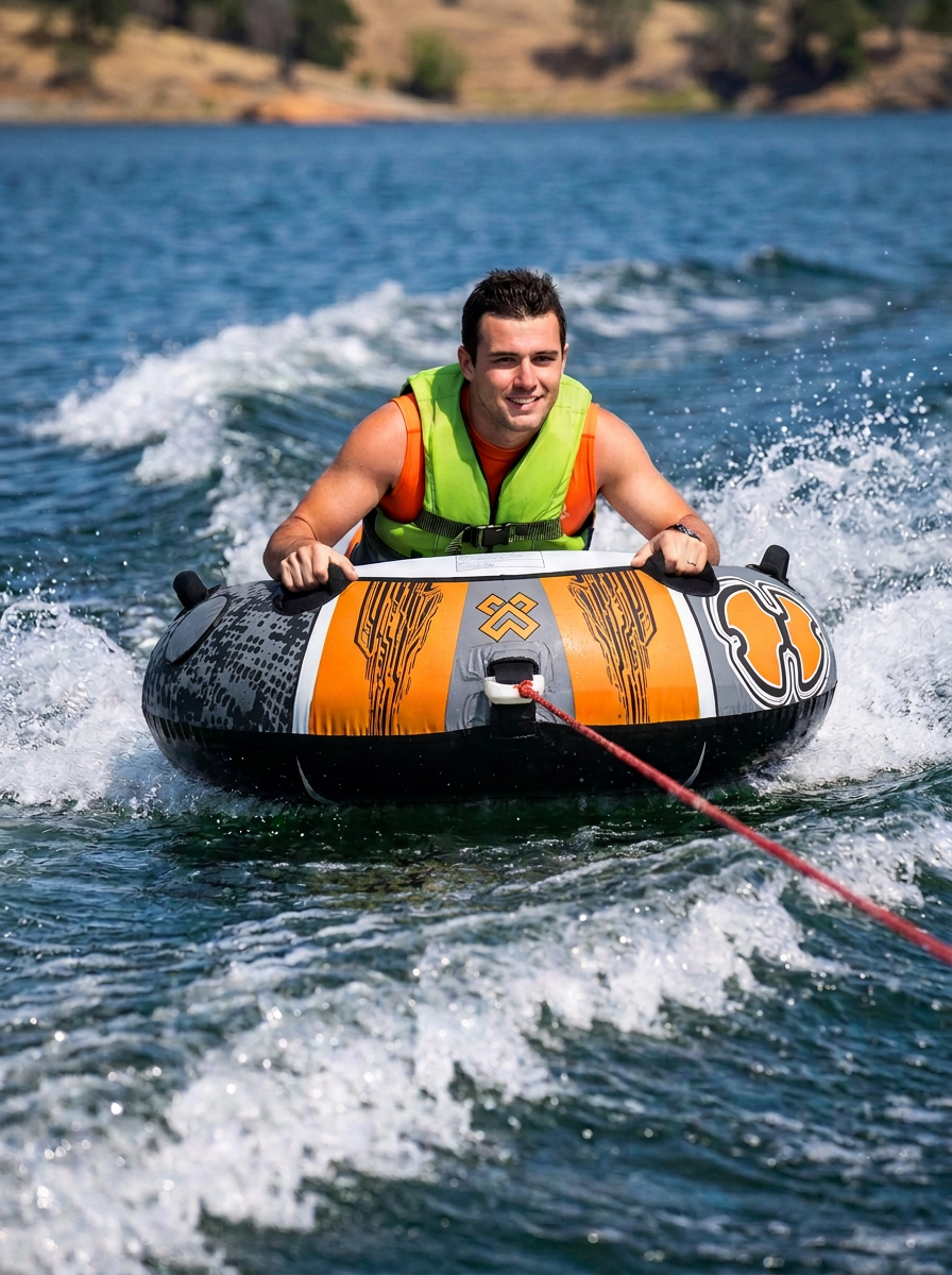 Hardcore Watersports Towable Chaos Tube – 54" Inflatable Water Tube for Single Riders, Heavy-Duty Nylon Cover with 4 Secure Handles and Quick-Connect Tow Hook for Lakes and Oceans