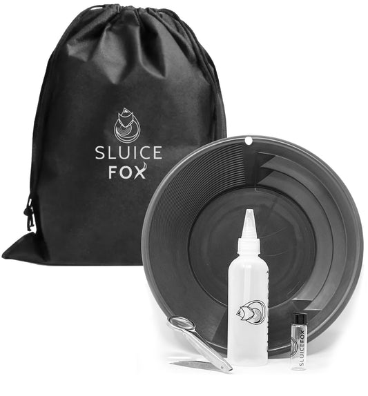 Gold panning starter kit for kids or adults; gold snifter bottle | spiral gold pan with dual riffles; basic gold prospecting kit with free drawstring carry bag
