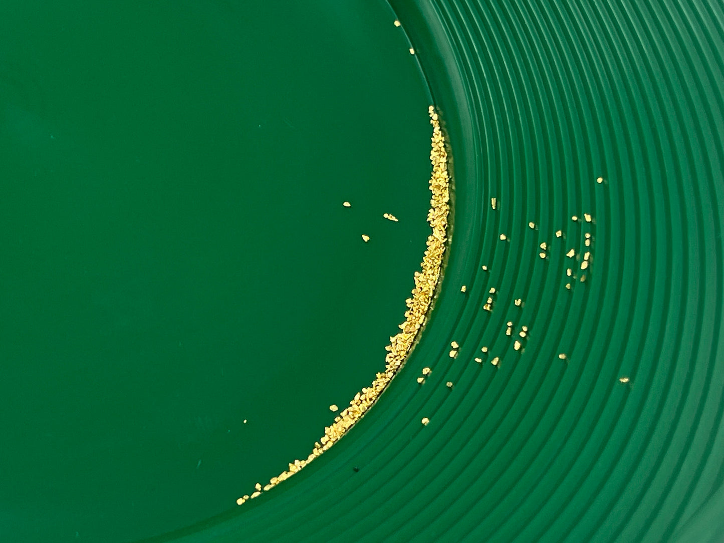 Gold panning kit for two; Two green gold pans with gold trap and dual riffles, two plastic gold paydirt shovels, two stainless steel magnifying tweezers, and three glass gold storage vials