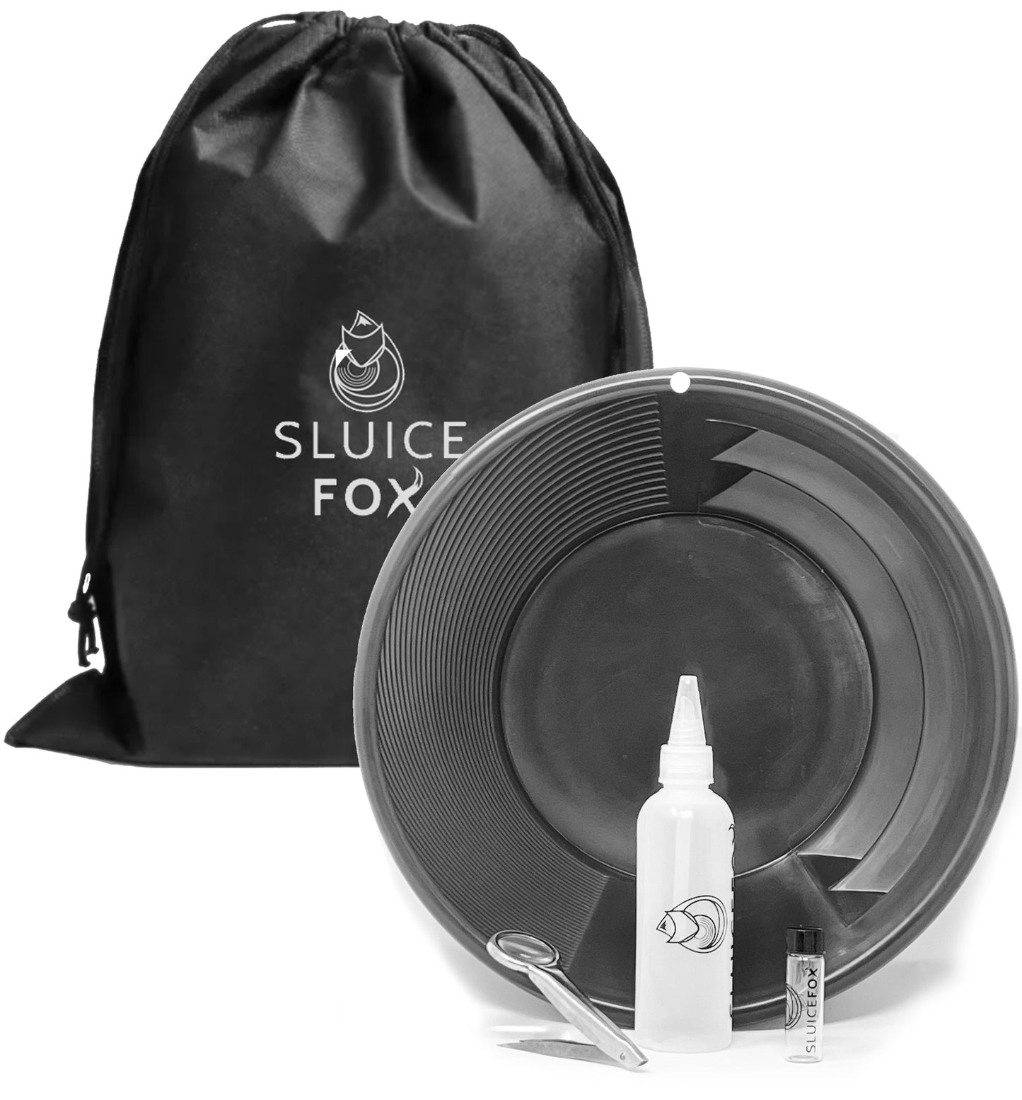 Gold panning starter kit for kids or adults; gold snifter bottle | spiral gold pan with dual riffles; basic gold prospecting kit with free drawstring carry bag
