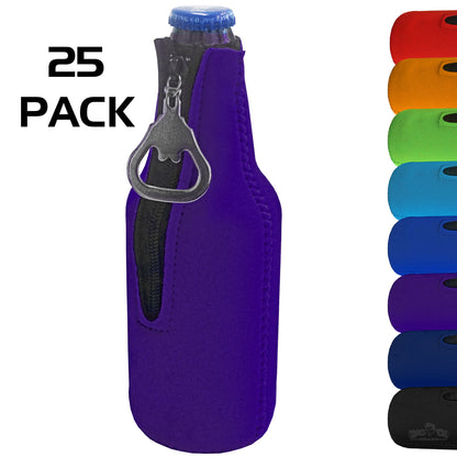 Neoprene Bottle Cooler Sleeves for 12oz Bottles with Bottle Opener- 25-Pack - Blank Design for any Event - Dual Sided Insulation Keeps Your Drinks Cool