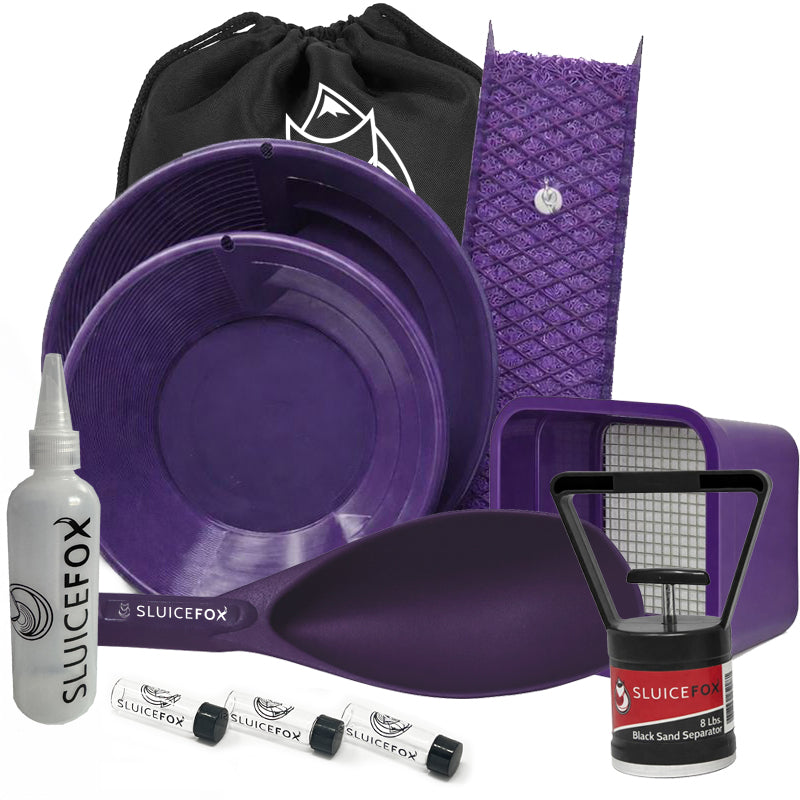 Compact Gold Prospecting Kit with 12" Pocket Sluice Box – Includes Miner’s Moss, Gold Trap Mat, Classifier Pan, Vials, and Tote Backpack