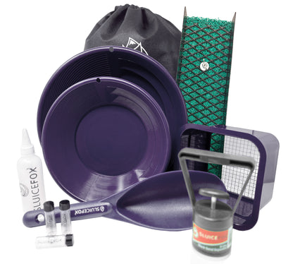 Compact Gold Prospecting Kit with 12" Pocket Sluice Box – Includes Miner’s Moss, Gold Trap Mat, Classifier Pan, Vials, and Tote Backpack