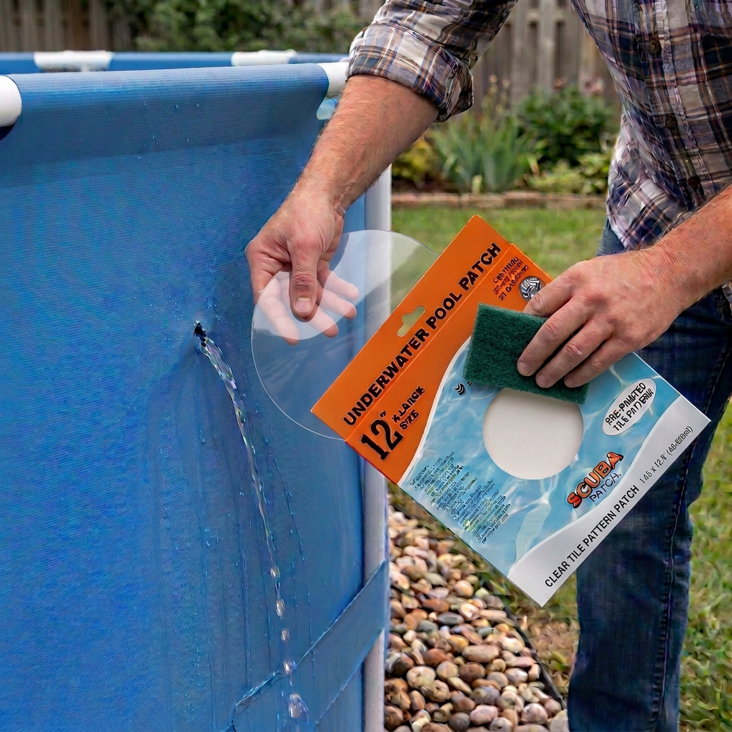 All-in-One Repair Kit for Above-Ground Pools | Fast, Underwater-Capable Peel-and-Stick OR Adhesive Glue-Down Vinyl Patches & for Easy Set and Frame Pools