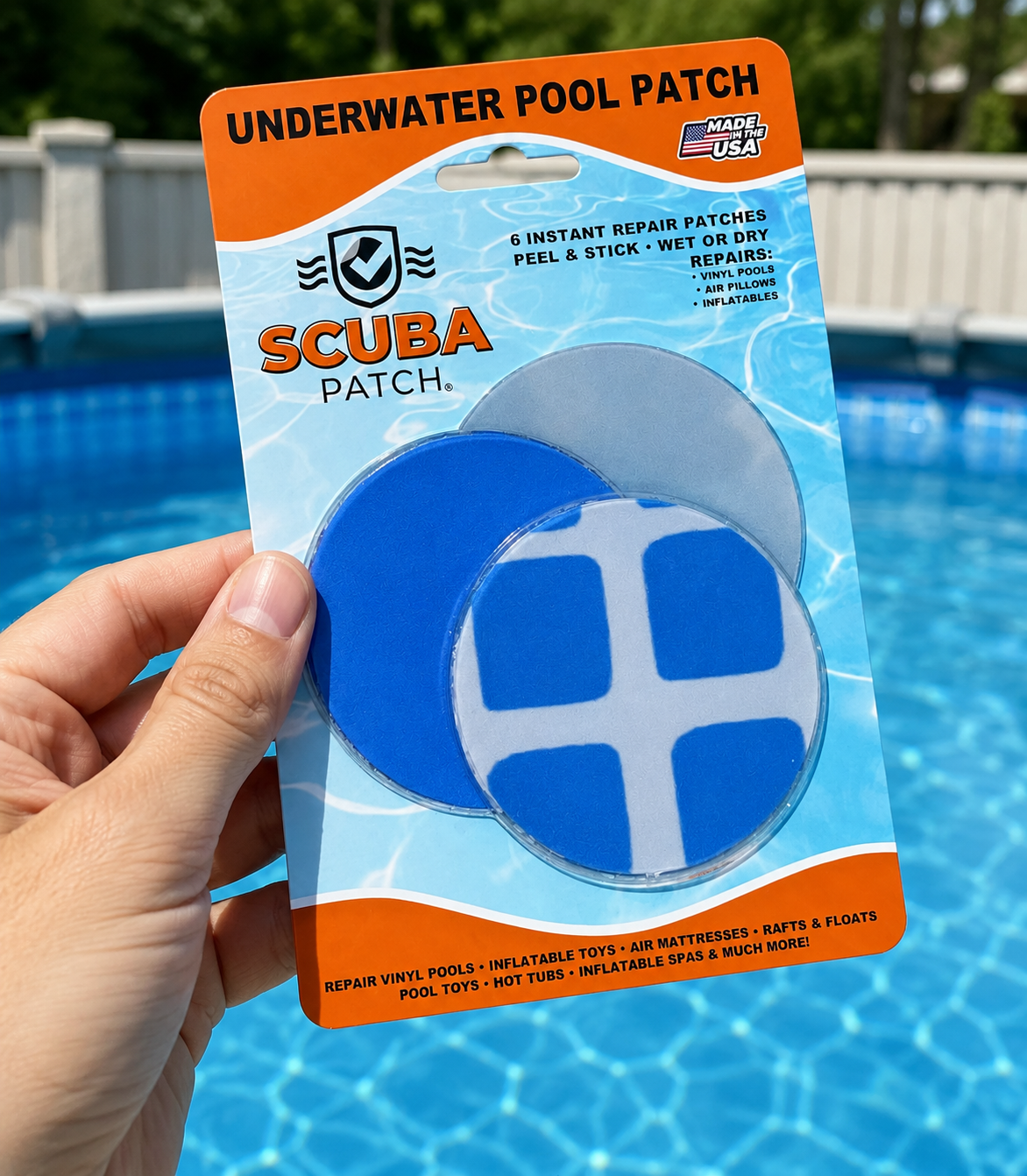All-in-One Repair Kit for Above-Ground Pools | Fast, Underwater-Capable Peel-and-Stick OR Adhesive Glue-Down Vinyl Patches & for Easy Set and Frame Pools