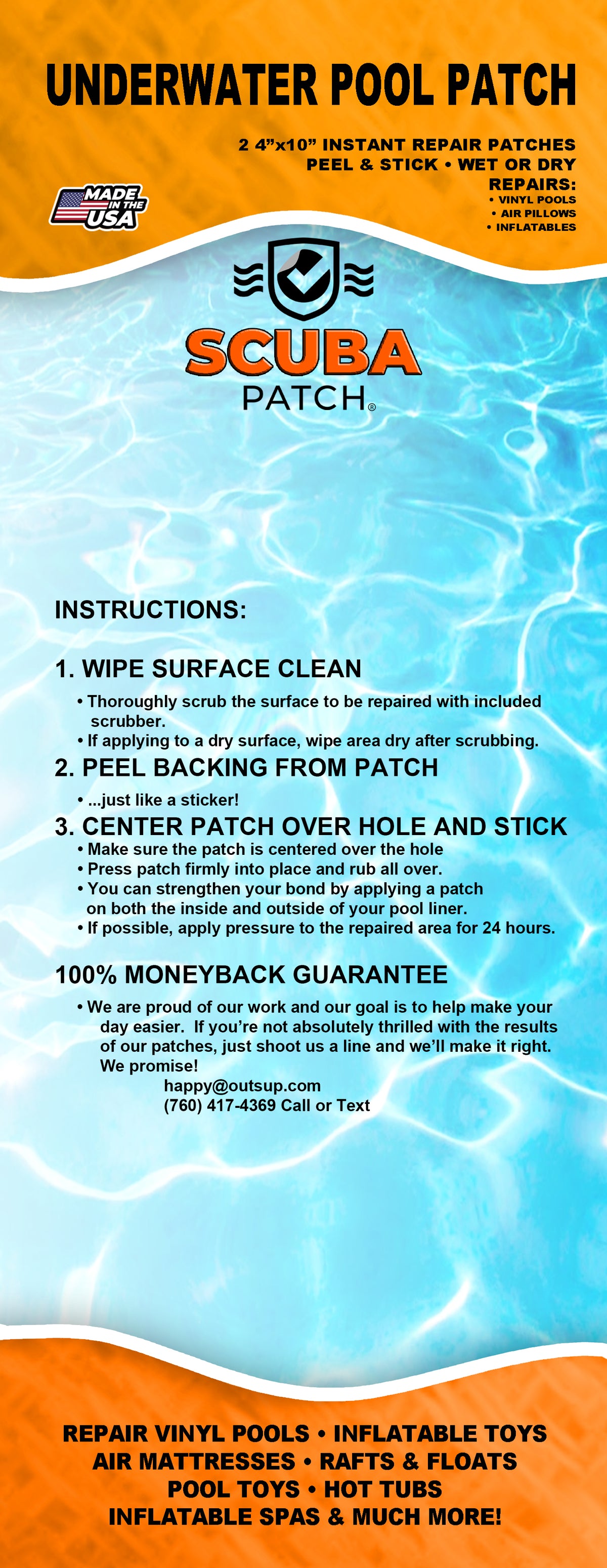 Scuba Patch Heavy Duty Underwater Pool Liner Patches; 2 Pack 4"x10" | Heavy Duty | Instant | Waterproof | Glue-Less | Peel and Stick | Swimming Pool Liner Repair Patches