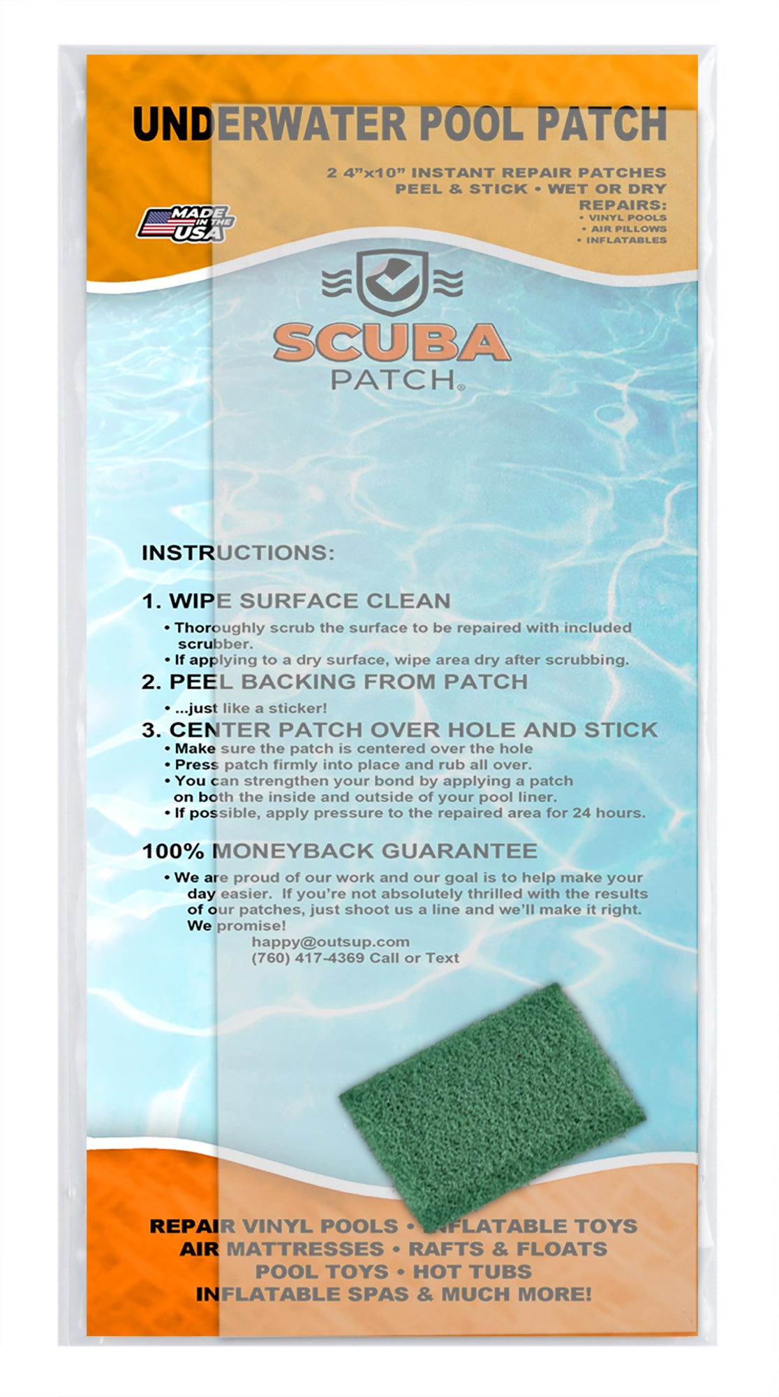 Scuba Patch Heavy Duty Underwater Pool Liner Patches; 2 Pack 4"x10" | Heavy Duty | Instant | Waterproof | Glue-Less | Peel and Stick | Swimming Pool Liner Repair Patches