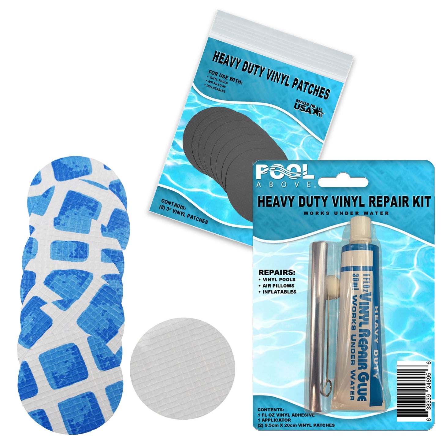 All-in-One Repair Kit for Above-Ground Pools | Fast, Underwater-Capable Peel-and-Stick OR Adhesive Glue-Down Vinyl Patches & for Easy Set and Frame Pools