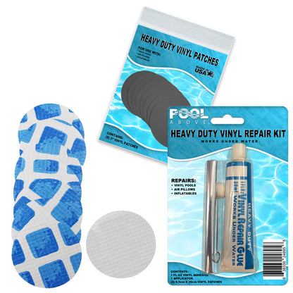 All-in-One Repair Kit for Above-Ground Pools | Fast, Underwater-Capable Peel-and-Stick OR Adhesive Glue-Down Vinyl Patches & for Easy Set and Frame Pools