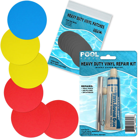 Pool Above Vinyl Repair Kit with Clear Sealant, Ideal for Jump-O-Lene Castle Bouncer and Other Vinyl Products, Includes Red Yellow and Blue Patches and Strong Vinyl Glue