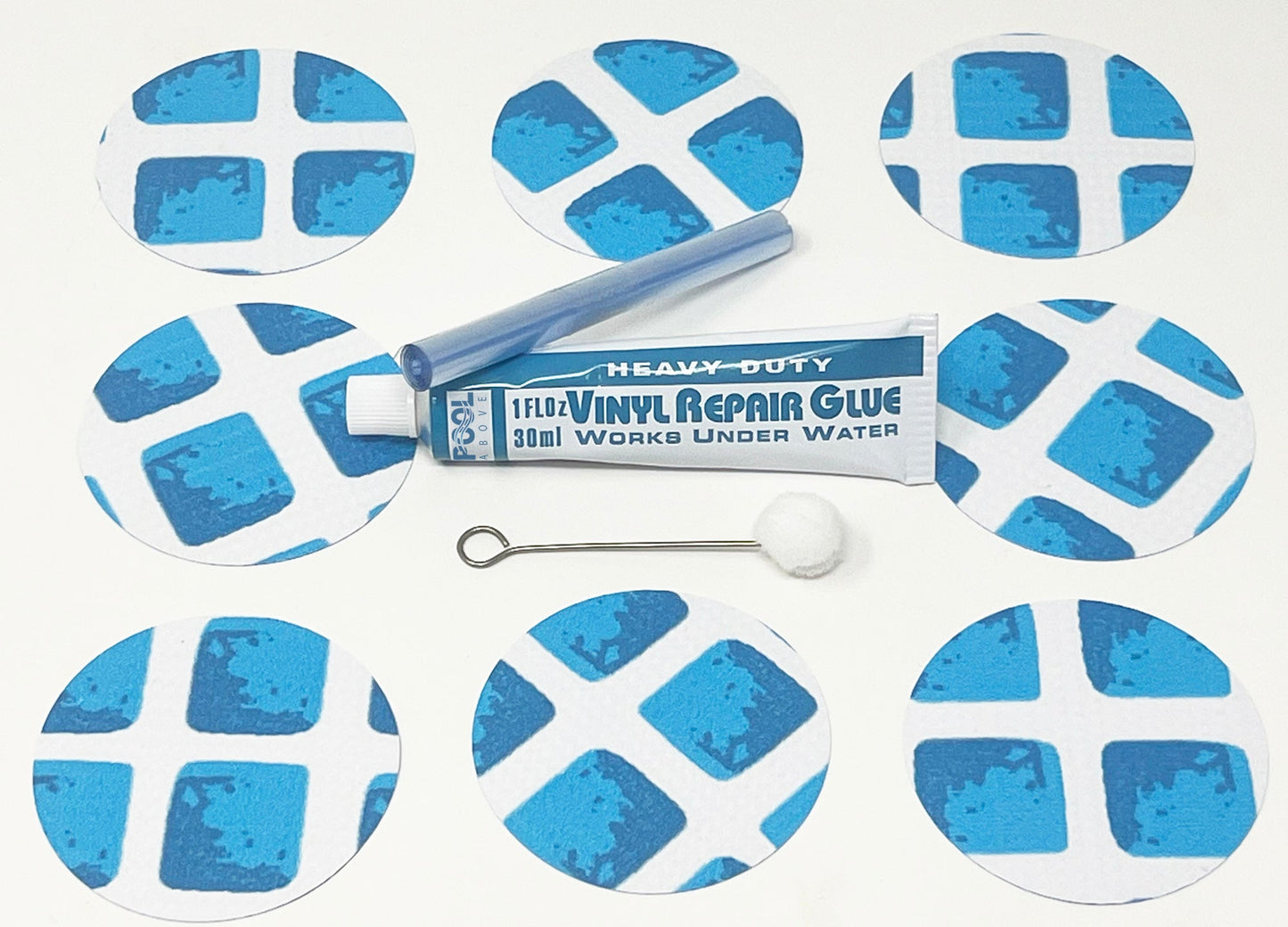 Underwater pool repair kit for frame set and easy set pool | Vinyl glue and reinforced patch material to match your pool | Blue and white pool liner patch kit