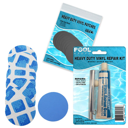 Underwater pool repair kit for frame set and easy set pool | Vinyl glue and reinforced patch material to match your pool | Blue and white pool liner patch kit