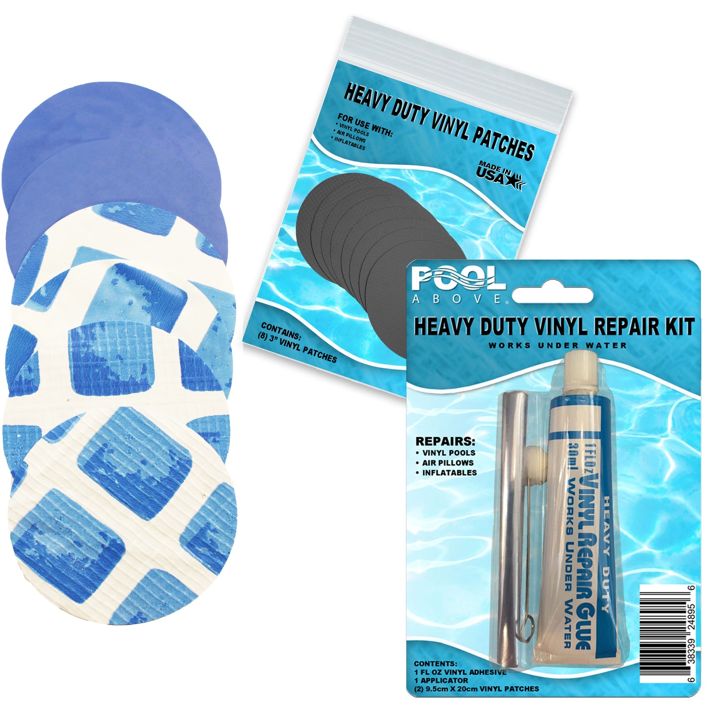 All-in-One Repair Kit for Above-Ground Pools | Fast, Underwater-Capable Peel-and-Stick or Adhesive Glue-Down Vinyl Patches & for Easy Set and Frame Pools