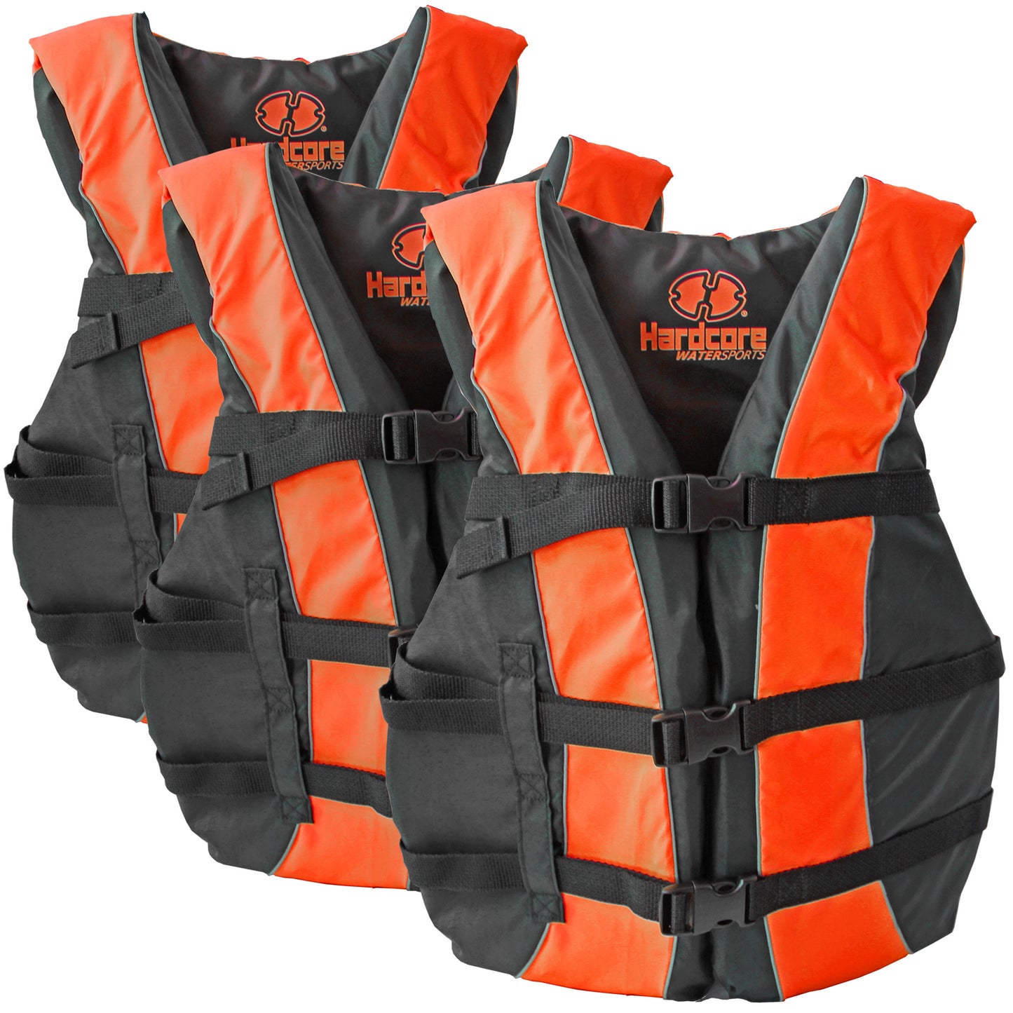 3 Pack Hardcore Adult Life Jacket PFD Type III Coast Guard Ski Vest Neon Orange