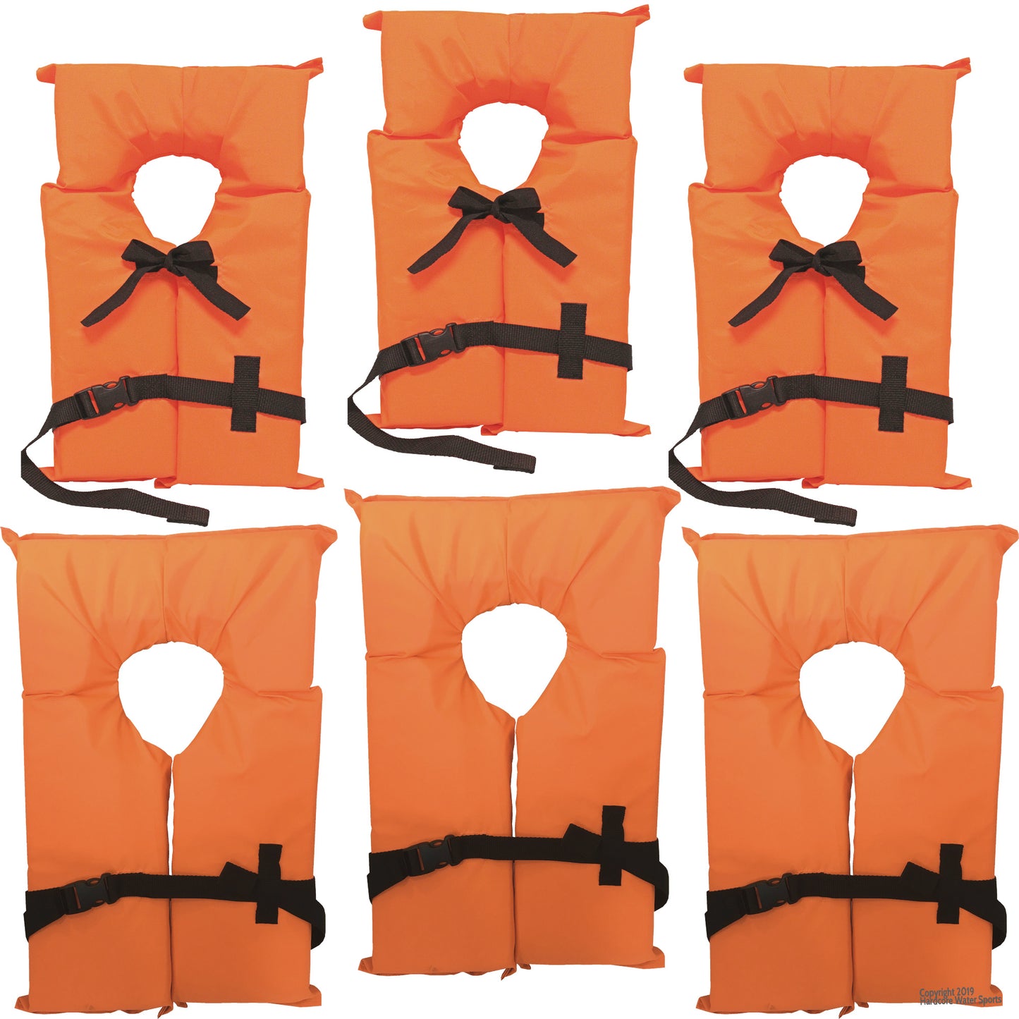 6 Pack Coast Guard approved life jackets.  High visibility color Type II keyhole life vest in classic May West style. Compliance flotation device