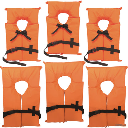 6 Pack Coast Guard approved life jackets.  High visibility color Type II keyhole life vest in classic May West style. Compliance flotation device