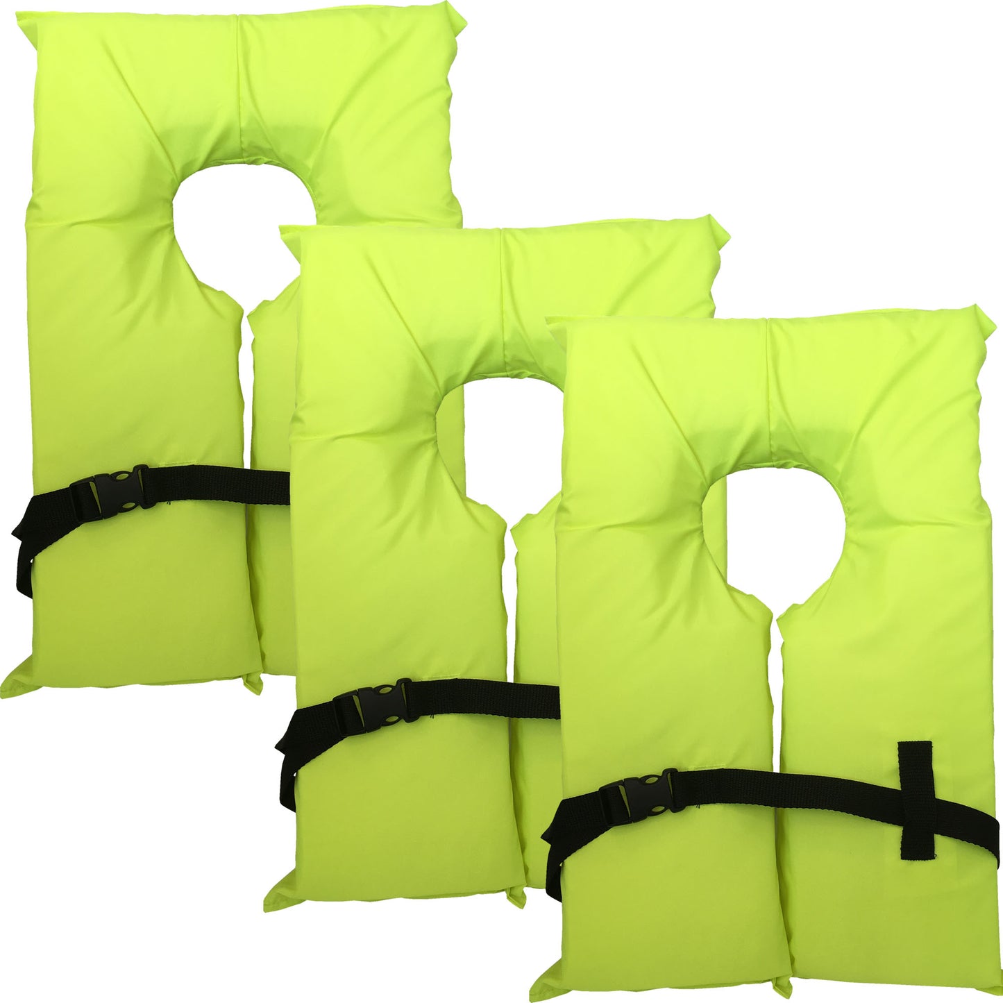 Hardcore Coast Guard approved life jackets for adults.  High visibility neon yellow color Type II keyhole life vest in classic May West style. Compliance life vests and flotation device (3 pack)