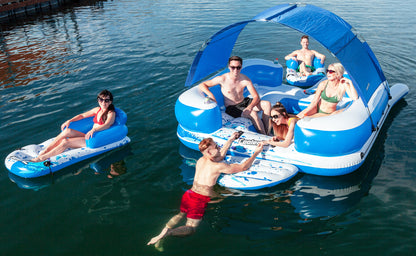 CoolerZ Tropical Breeze III Inflatable 8-Person Floating Island with UV Sun Shade and Connecting Lounge Rafts