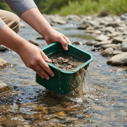 Compact Gold Prospecting Kit with 12" Pocket Sluice Box – Includes Miner’s Moss, Gold Trap Mat, Classifier Pan, Vials, and Tote Backpack