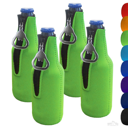 Neoprene Bottle Cooler Sleeves for 12oz Bottles with Bottle Opener- 4-Pack - Blank Design for any Event - Dual Sided Insulation Keeps Your Drinks Cool