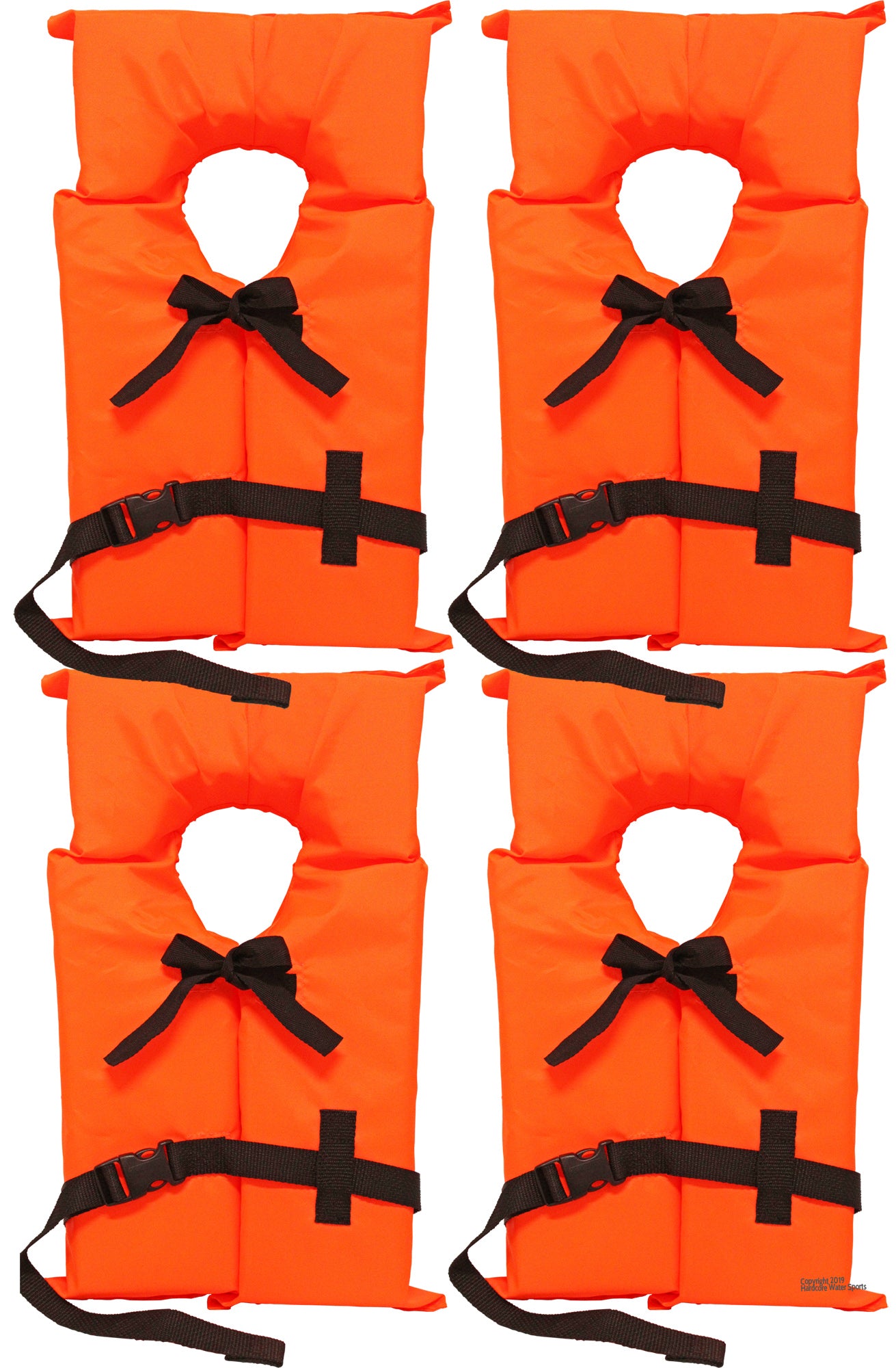 4 Pack Coast Guard approved life jackets for adults.  High visibility color Type II keyhole life vest in classic May West style. Compliance flotation device
