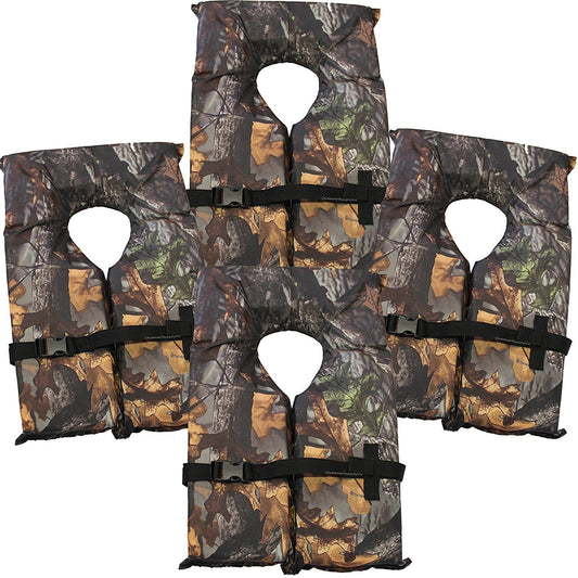 Hardcore Coast Guard approved life jackets for adults.  Camo color Type II keyhole life vest in classic May West style. Compliance life vests and flotation device (4 pack)