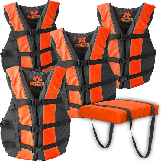 Hardcore life jacket 4 pack paddle vest for adults with Type IV Boat Cushion; Coast Guard approved Type III PFD life vest flotation device; Jet ski, wakeboard, hardshell kayak life jacket