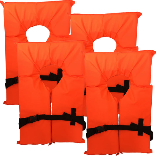 4 Pack Coast Guard approved life jackets for adults.  High visibility color Type II keyhole life vest in classic May West style. Compliance flotation device