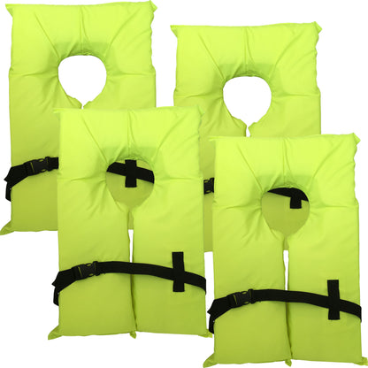 4 Pack Coast Guard approved life jackets for adults.  High visibility color Type II keyhole life vest in classic May West style. Compliance flotation device